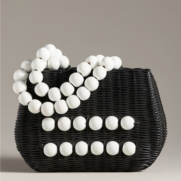 Bali Beaded Straw Black and White Woven Handbag Satchel - Picture 1 of 15